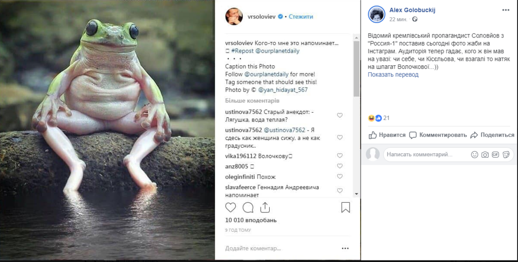 ''Киселев или шпагат Волочковой'': зачем Соловьев выложил жабу и что он имел в виду