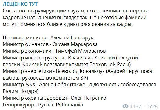 Нардеп Лещенко назвав міністрів нового уряду