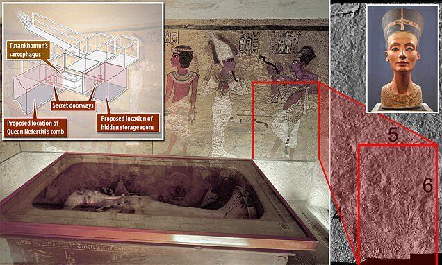 Сканирование северной стены обнаружило детали под декорированной штукатуркой (слева), которые, по мнению исследователей, могут быть скрытыми дверями.