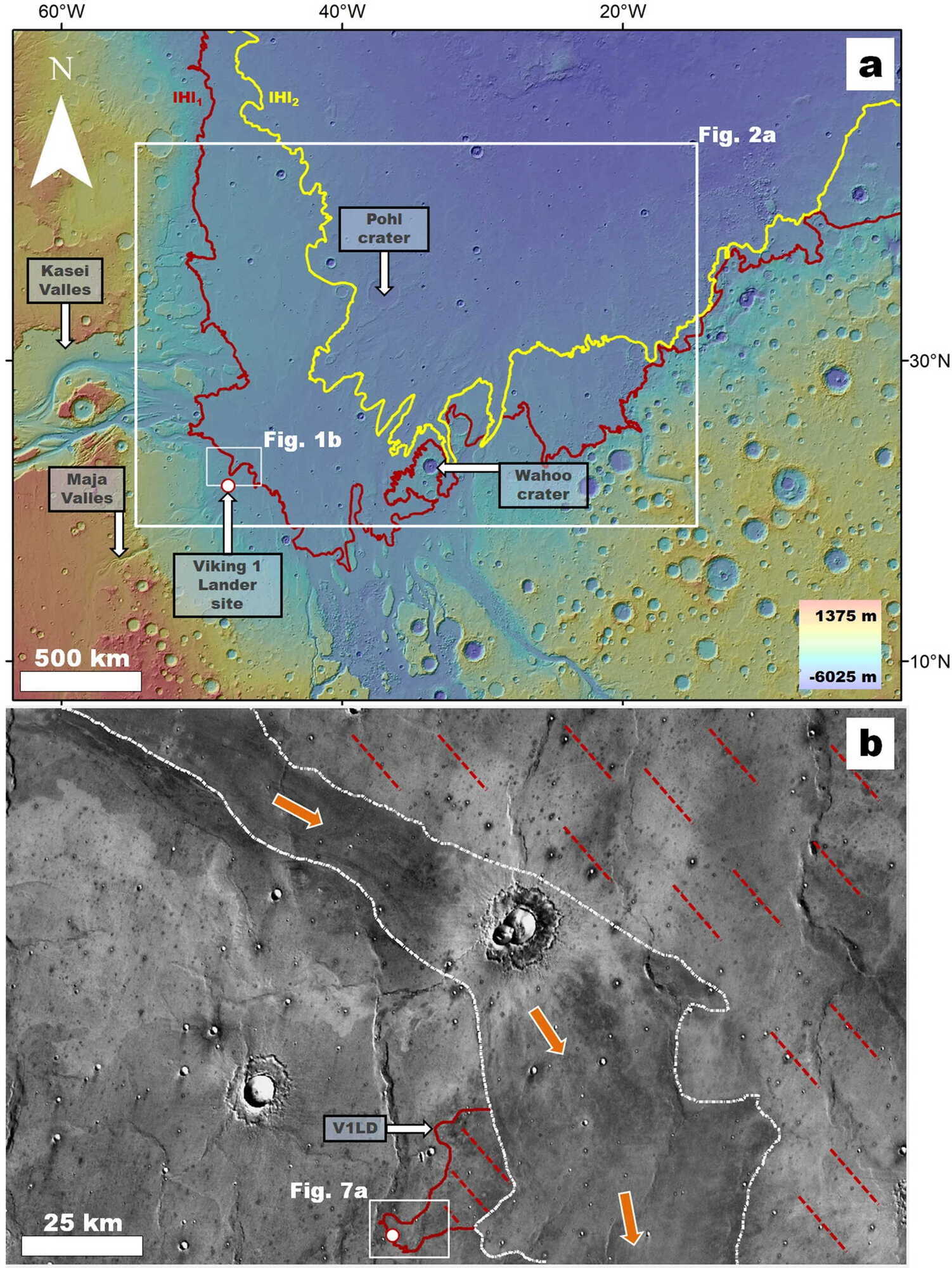 Регіон Chryse Planitia, де червоним позначено межі давнього цунамі, а також місце посадки ''Вікінг-1''