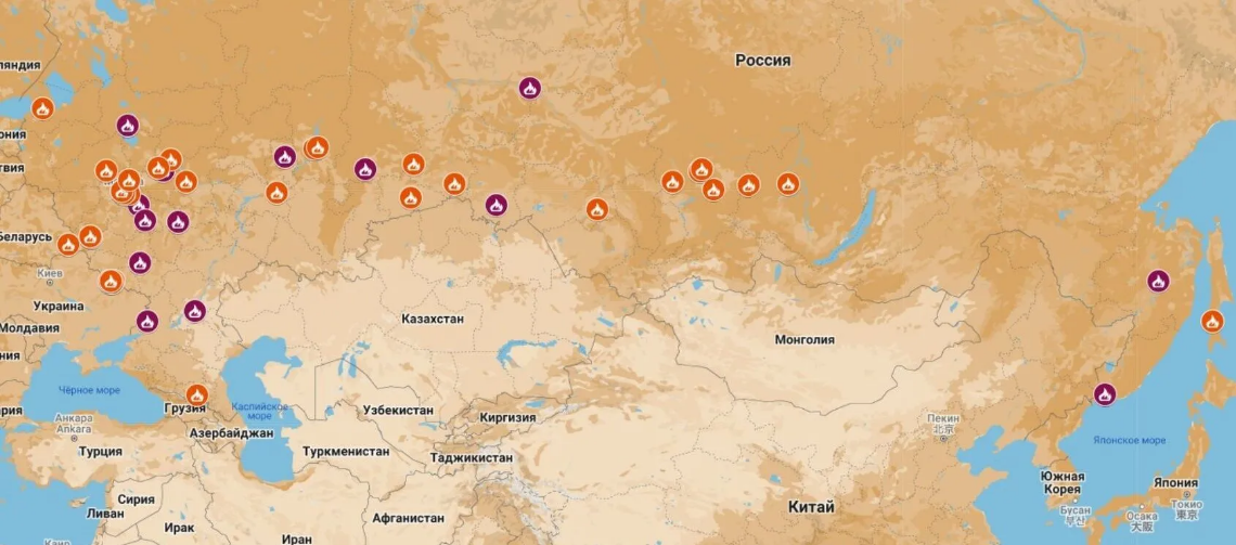 Карта підпалів на території РФ станом на 16.06
