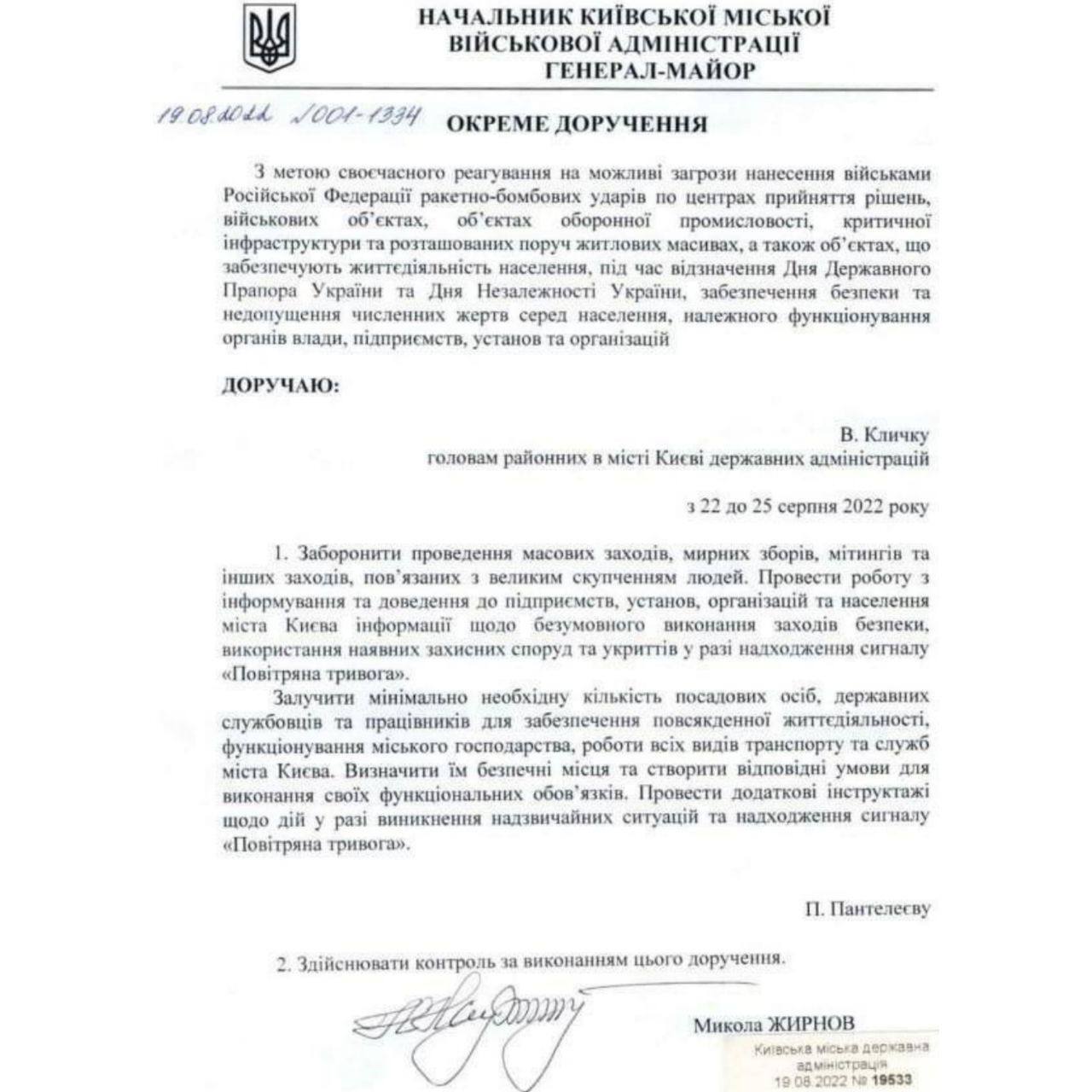 Решение начальника Киевской городской военной администрации Николая Жирнова
