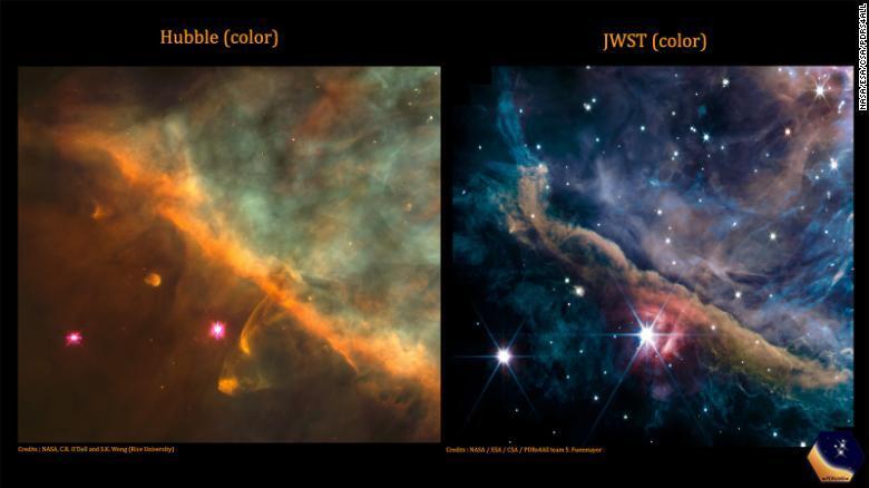 Туманность Ориона, снятая космическими телескопами Хаббл (слева) и космическим телескопом Джеймса Уэбба (справа)