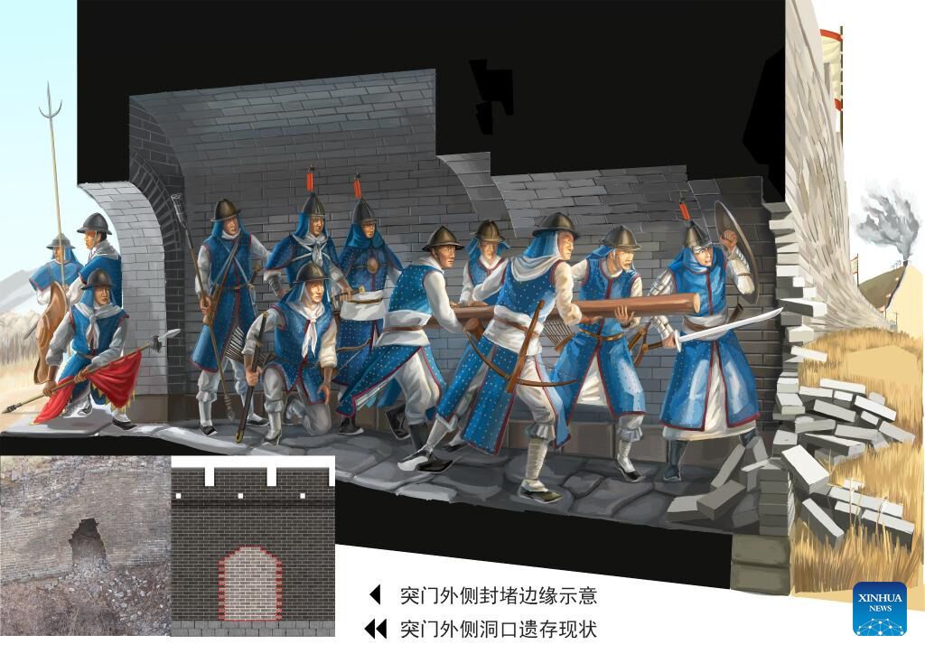 Солдати, які обороняються, ламаючи ворота з внутрішньої сторони прихованих дверей Великої стіни