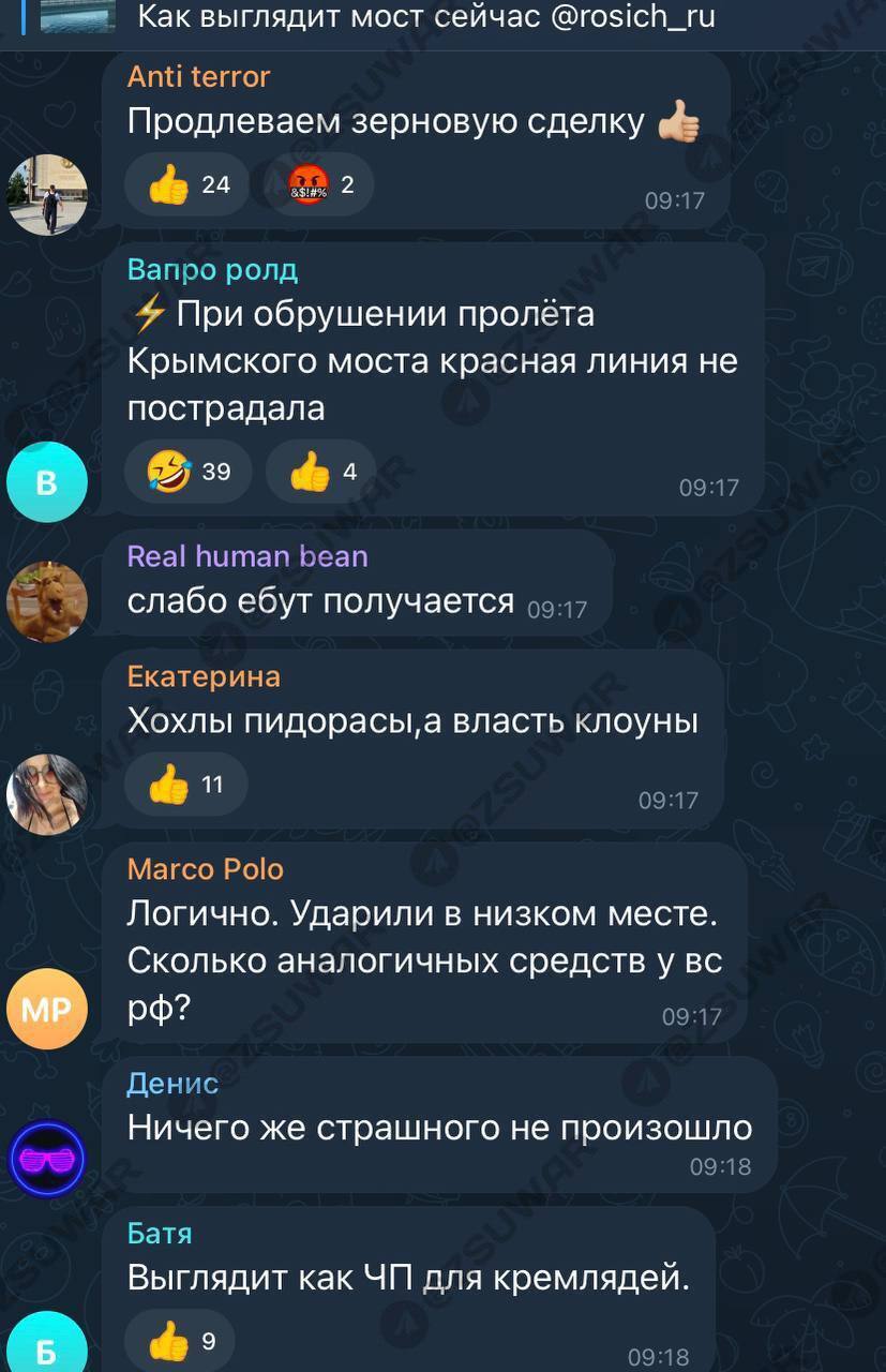 ''Ответом будет продолжение зерновой сделки'': реакция россиян на подрыв Крымского моста (фото)