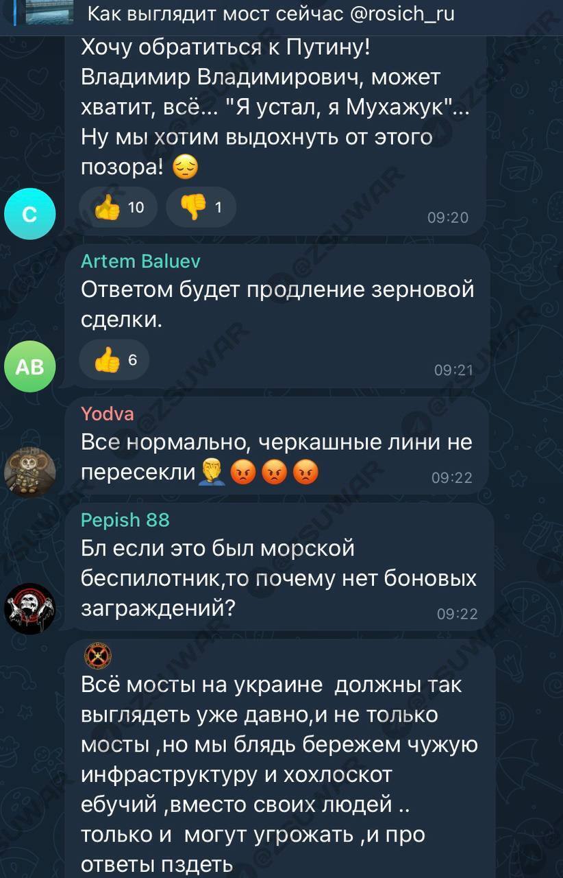 ''Відповіддю буде продовження зернової угоди'': реакція росіян на підрив Кримського мосту (фото)