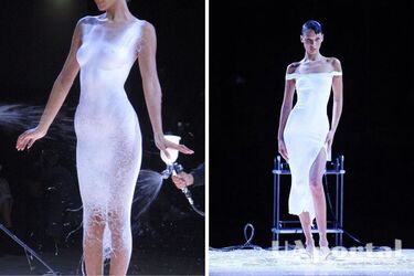 Обнаженную Беллу Хадид прямо на подиуме одели в 'жидкое платье'