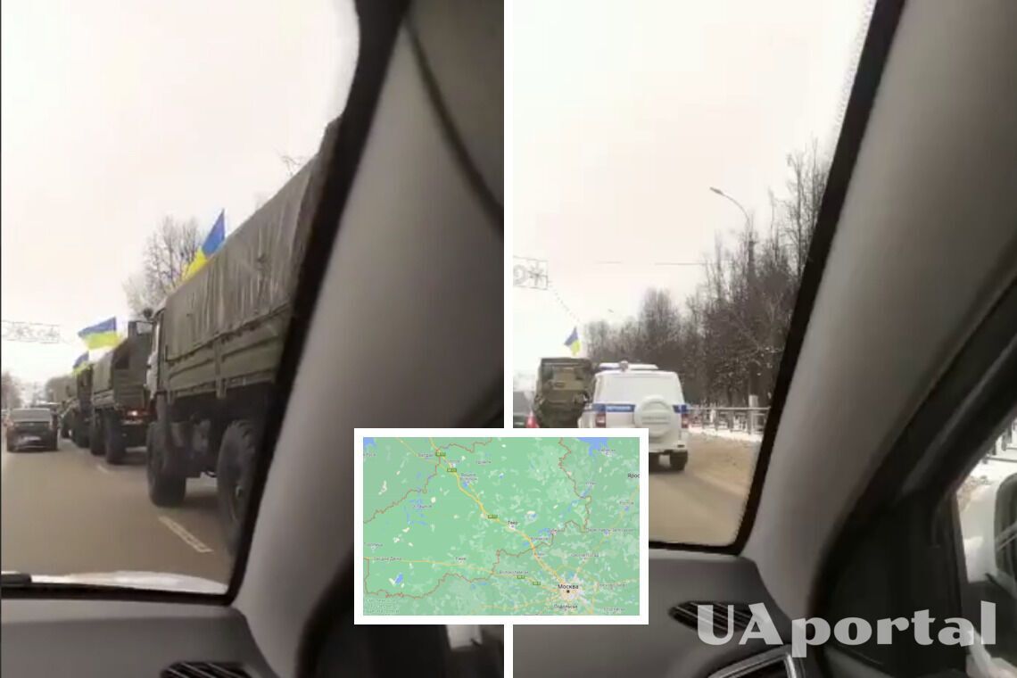 В России в Тверской области заметили военную колонну с украинскими флагами (видео)