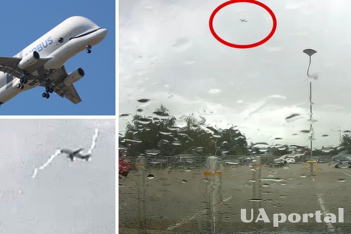 Момент удара молнии в самолет Airbus Beluga 