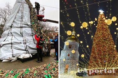 Елка в Николаеве (слева) и в Киеве в прошлом году