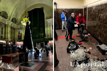 Ялинка на вокзалі у Києві світиться від крутіння педалей