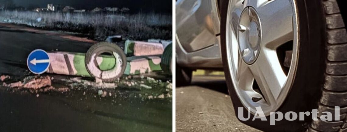 Пьяная женщина за рулем Peugeot протаранила блокпост и скрылась с места ДТП на пробитом колесе