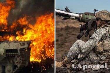 Украинский военный с Javelin и горящий БТР оккупантов