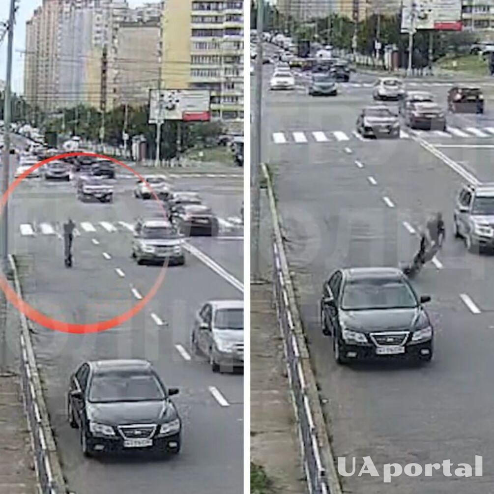 В Киеве парень на самокате упал почти под колеса автомобиля (видео)