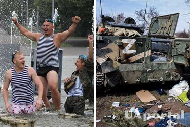 Российские десантники и уничтоженная техника оккупантов