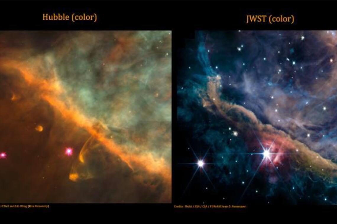 Туманність Оріона, знята космічними телескопами Хаббл, ліворуч, і космічним телескопом Джеймса Вебба, праворуч