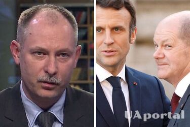 Олег Жданов (ліворуч) та Еммануель Макрон з Олафом Шольцем