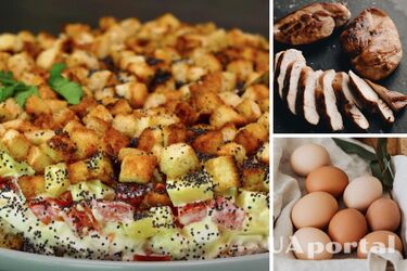 Will decorate the table: a nutritious recipe for a salad cake with chicken and flavored crackers