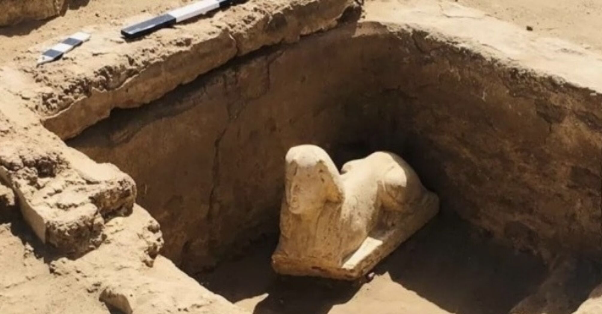 A statue of a smiling mini-sphinx, symbolising the Roman emperor Claudius, is discovered in Egypt