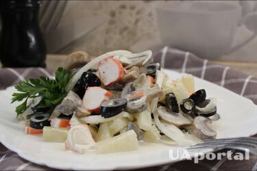 How to cook Cleopatra salad with crab sticks and pickled mushrooms