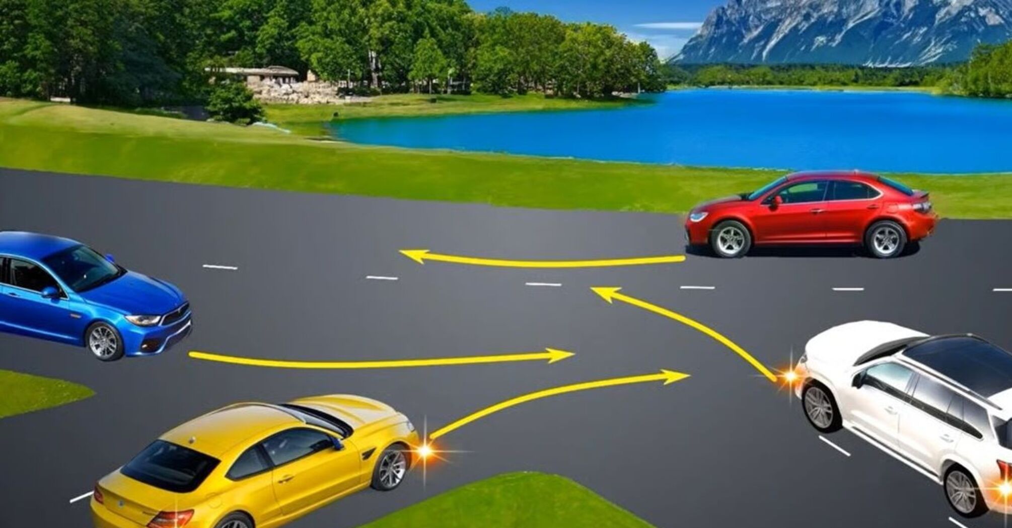 Как разъехаться четырем автомобилям на нетипичном перекрестке: хитрый тест по ПДД