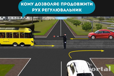 Який з автомобілів може продовжити рух при такому сигналі регулювальника: задача на знання ПДР (відео)