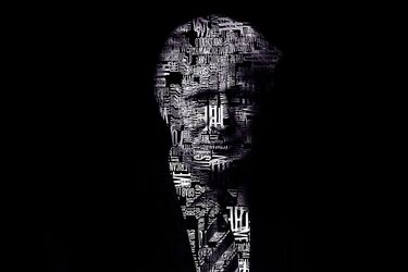 Чорно-білий портрет із типографічним ефектом, створений зі слів та символів