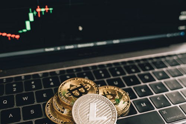 Монети біткойна і лайткоїна на клавіатурі ноутбука з графіком цін